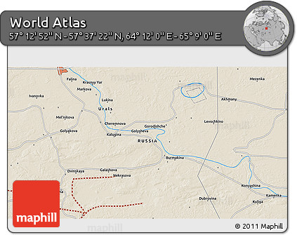 Shaded Relief 3D Map of the Area around 57° 25' 7" N, 64° 40' 30" E