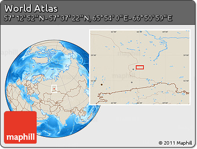 Shaded Relief Location Map of the Area around 57° 25' 7" N, 66° 22' 30" E
