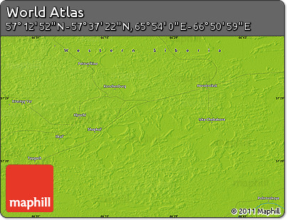 Physical Map of the Area around 57° 25' 7" N, 66° 22' 30" E