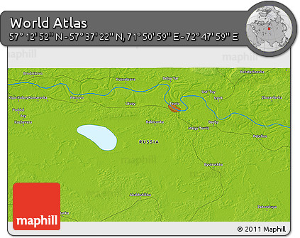 Physical 3D Map of the Area around 57° 25' 7" N, 72° 19' 29" E