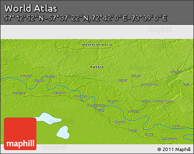 Physical 3D Map of the Area around 57° 25' 7" N, 73° 10' 30" E