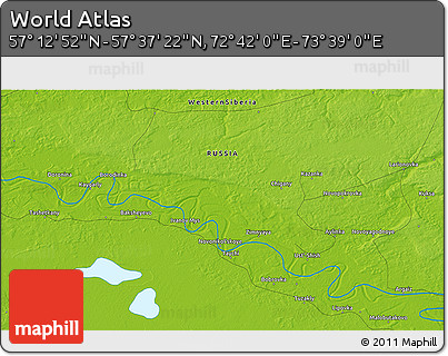 Physical 3D Map of the Area around 57° 25' 7" N, 73° 10' 30" E