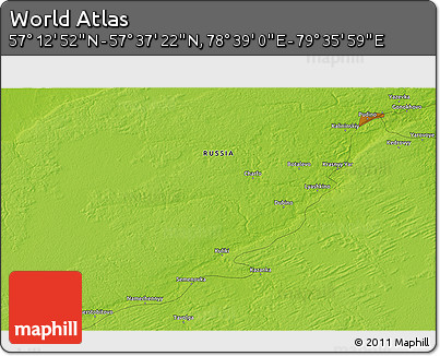 Physical 3D Map of the Area around 57° 25' 7" N, 79° 7' 30" E