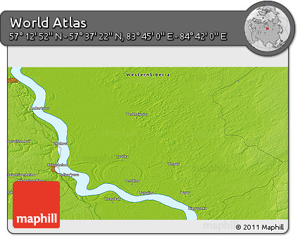 Physical 3D Map of the Area around 57° 25' 7" N, 84° 13' 29" E