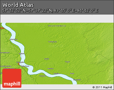 Physical 3D Map of the Area around 57° 25' 7" N, 84° 13' 29" E