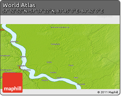 Physical 3D Map of the Area around 57° 25' 7" N, 84° 13' 29" E