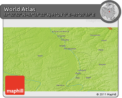 Physical 3D Map of the Area around 57° 25' 7" N, 91° 52' 30" E