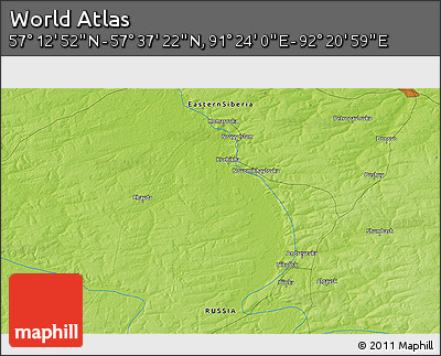 Physical 3D Map of the Area around 57° 25' 7" N, 91° 52' 30" E