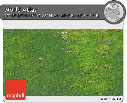 Satellite 3D Map of the Area around 57° 25' 7" N, 91° 52' 30" E