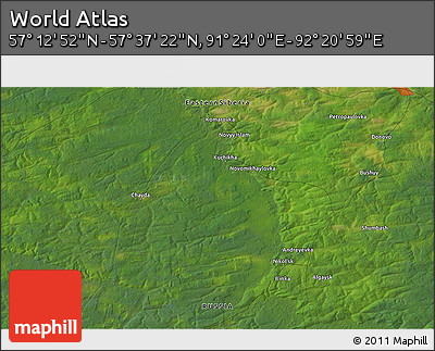 Satellite 3D Map of the Area around 57° 25' 7" N, 91° 52' 30" E