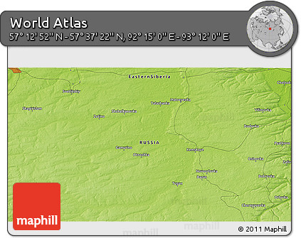 Physical 3D Map of the Area around 57° 25' 7" N, 92° 43' 29" E
