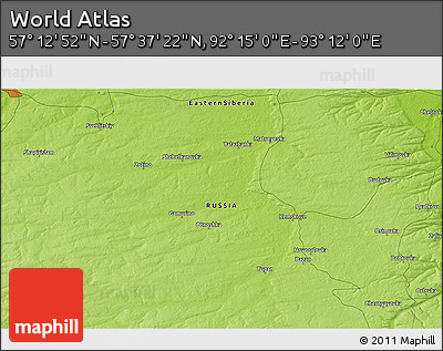 Physical 3D Map of the Area around 57° 25' 7" N, 92° 43' 29" E