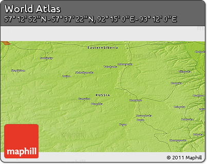 Physical 3D Map of the Area around 57° 25' 7" N, 92° 43' 29" E