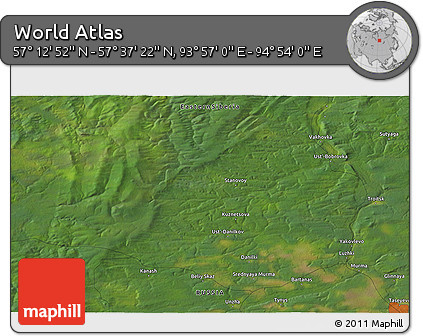 Satellite 3D Map of the Area around 57° 25' 7" N, 94° 25' 30" E
