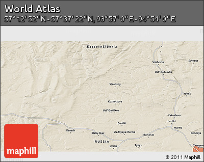 Shaded Relief 3D Map of the Area around 57° 25' 7" N, 94° 25' 30" E