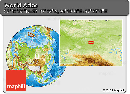 Physical Location Map of the Area around 57° 25' 7" N, 96° 58' 29" E
