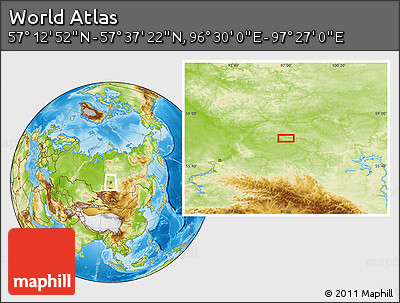 Physical Location Map of the Area around 57° 25' 7" N, 96° 58' 29" E