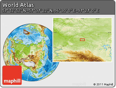 Physical Location Map of the Area around 57° 25' 7" N, 96° 58' 29" E