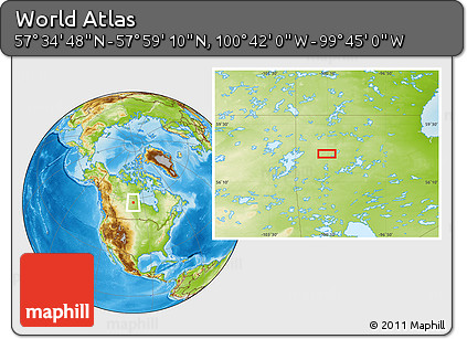 Physical Location Map of the Area around 57° 46' 59" N, 100° 13' 29" W