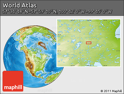 Physical Location Map of the Area around 57° 46' 59" N, 100° 13' 29" W