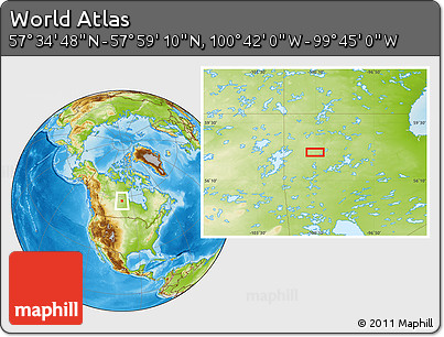 Physical Location Map of the Area around 57° 46' 59" N, 100° 13' 29" W