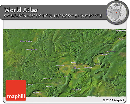 Satellite 3D Map of the Area around 57° 46' 59" N, 108° 1' 30" E