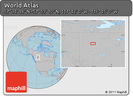 Gray Location Map of the Area around 57° 46' 59" N, 117° 13' 29" W, hill shading