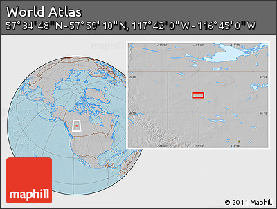 Gray Location Map of the Area around 57° 46' 59" N, 117° 13' 29" W, hill shading