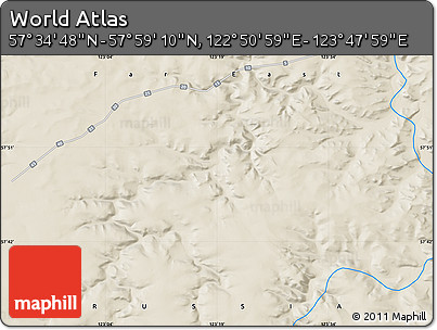 Shaded Relief Map of the Area around 57° 46' 59" N, 123° 19' 29" E