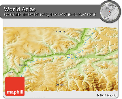 Physical 3D Map of the Area around 57° 46' 59" N, 130° 58' 29" E