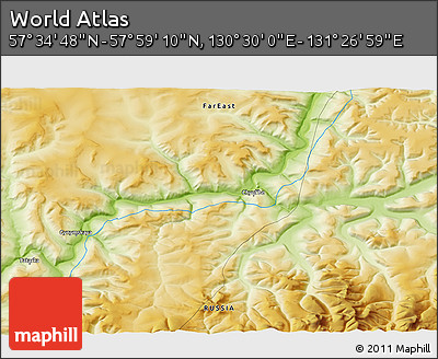 Physical 3D Map of the Area around 57° 46' 59" N, 130° 58' 29" E