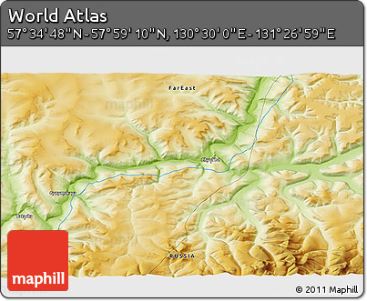 Physical 3D Map of the Area around 57° 46' 59" N, 130° 58' 29" E