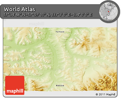 Physical 3D Map of the Area around 57° 46' 59" N, 133° 31' 30" E