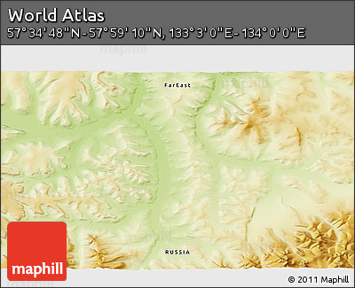 Physical 3D Map of the Area around 57° 46' 59" N, 133° 31' 30" E