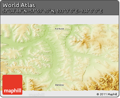 Physical 3D Map of the Area around 57° 46' 59" N, 133° 31' 30" E