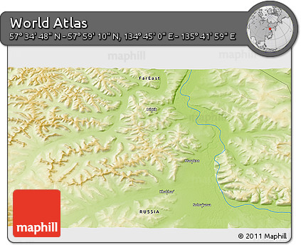 Physical 3D Map of the Area around 57° 46' 59" N, 135° 13' 29" E
