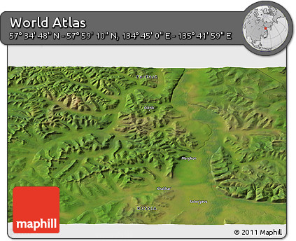 Satellite 3D Map of the Area around 57° 46' 59" N, 135° 13' 29" E