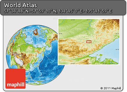 Physical Location Map of the Area around 57° 46' 59" N, 135° 13' 29" E