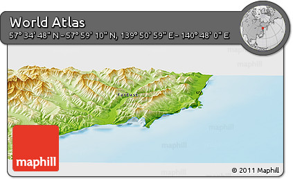 Physical Panoramic Map of the Area around 57° 46' 59" N, 140° 19' 29" E