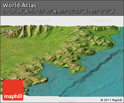 Satellite 3D Map of the Area around 57° 46' 59" N, 155° 28' 29" W