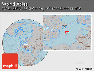 Gray Location Map of the Area around 57° 46' 59" N, 18° 46' 29" E, hill shading