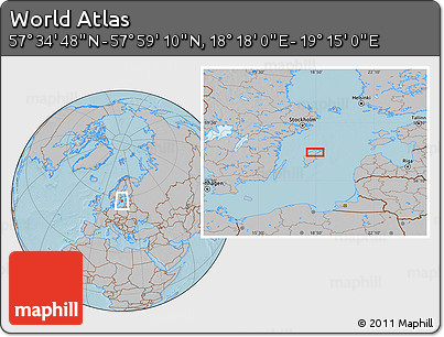 Gray Location Map of the Area around 57° 46' 59" N, 18° 46' 29" E, hill shading