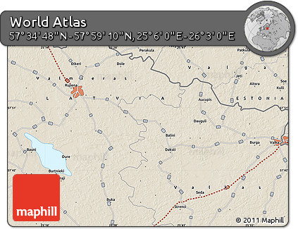 Shaded Relief Map of the Area around 57° 46' 59" N, 25° 34' 30" E