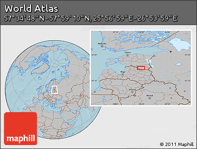 Gray Location Map of the Area around 57° 46' 59" N, 26° 25' 29" E, hill shading
