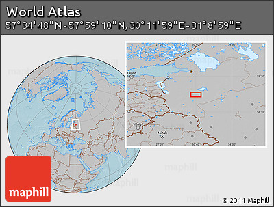 Gray Location Map of the Area around 57° 46' 59" N, 30° 40' 29" E, hill shading