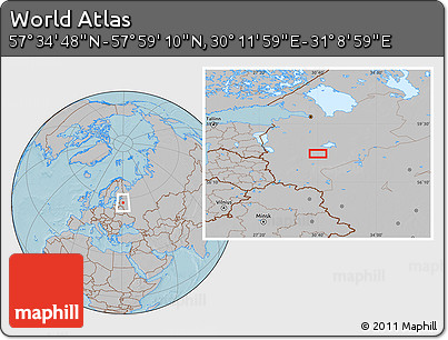 Gray Location Map of the Area around 57° 46' 59" N, 30° 40' 29" E, hill shading