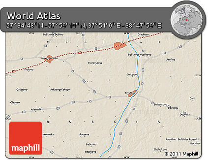 Shaded Relief Map of the Area around 57° 46' 59" N, 38° 19' 30" E