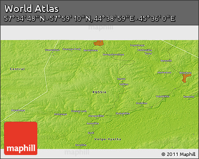 Physical 3D Map of the Area around 57° 46' 59" N, 45° 7' 30" E