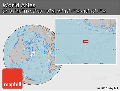 Gray Location Map of the Area around 57° 46' 59" N, 49° 13' 30" W, hill shading