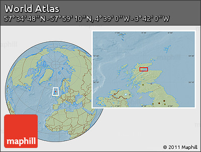 Savanna Style Location Map of the Area around 57° 46' 59" N, 4° 10' 30" W, hill shading